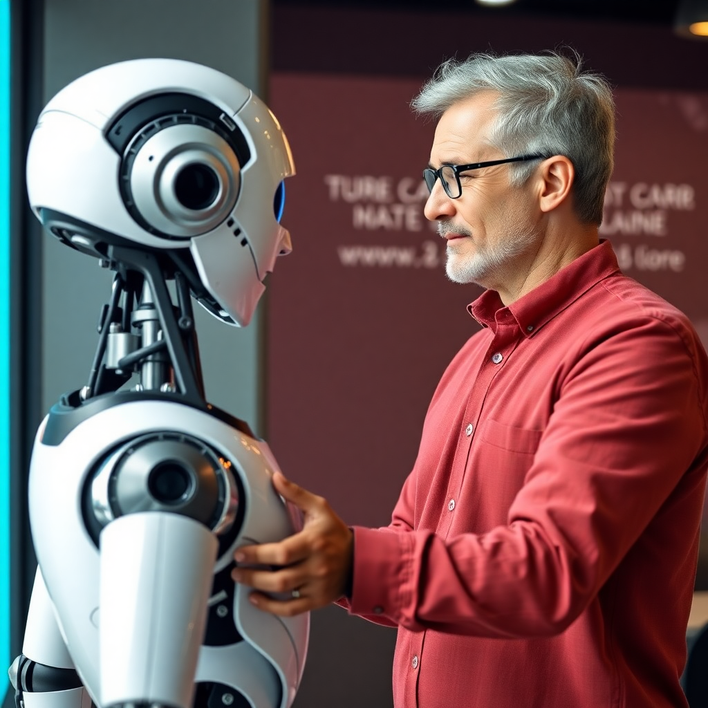 A mid-age male SEO specialist and an AI robot