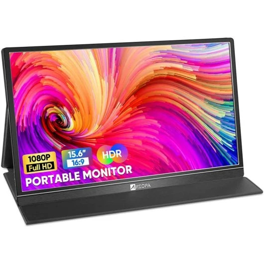 The 6 Best Portable Monitors for Content Creators in 2025 5 A low-angle shot of the Arzopa Z1 Gamut portable monitor. The monitor is sitting on a black, flat stand with the company logo on the front bezel. The screen displays a colorful, abstract image with swirls of pink, orange, purple, and blue. The screen also has three icons with text on them: one for "1080P Full HD," another for "15.6" 16:9," and a third for "HDR."