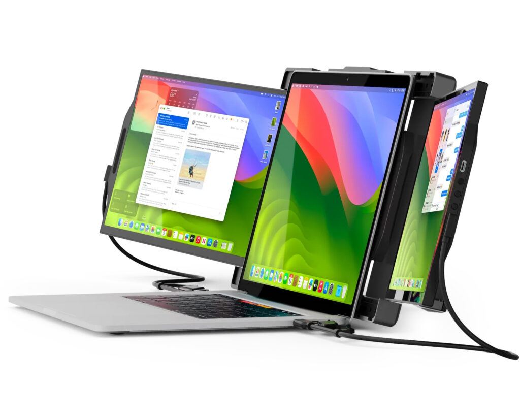 The 6 Best Portable Monitors for Content Creators in 2025 1 he Mobile Pixels Trio portable monitor attached directly to a laptop lid.