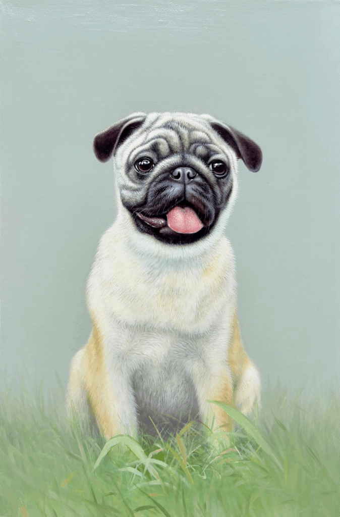 Why Custom Pet Portraits Are the Perfect Gift for Animal Lovers 2 A realistic painting of a fawn-colored pug with its tongue out, sitting in green grass.