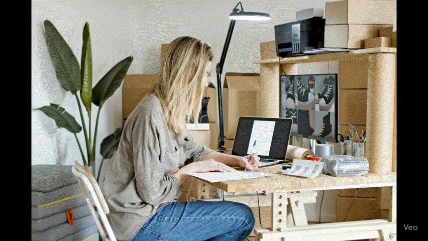 How to Choose the Right Inventory Planning Services - Pro Business Hacks 1 An e-commerce business owner, a woman with blonde hair, is sitting at a desk and working on a laptop surrounded by cardboard boxes in a home office.