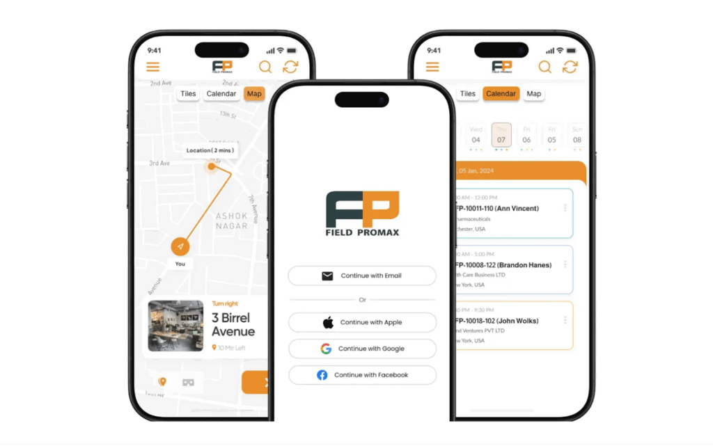 Three mobile phone screens showing the 'Field Promax' app: a map for location and directions, a login/sign-up screen, and a calendar for scheduled jobs.