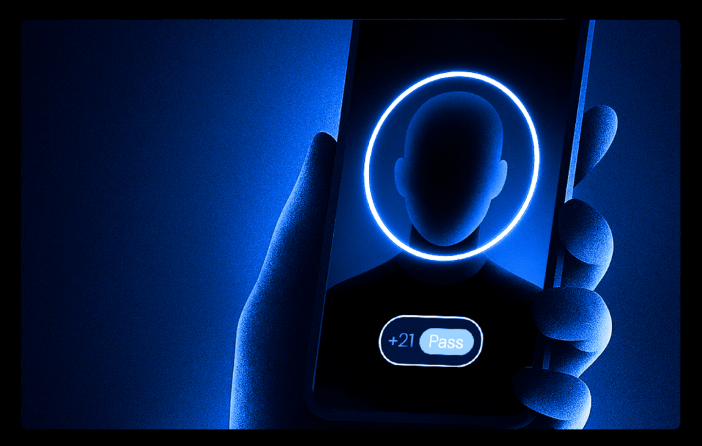 Advanced Age Verification Software for Regulatory Compliance 1 A stylized dark blue illustration of a hand holding a smartphone with a bright, glowing blue circular biometric ring on the screen, set against a grainy textured blue background.