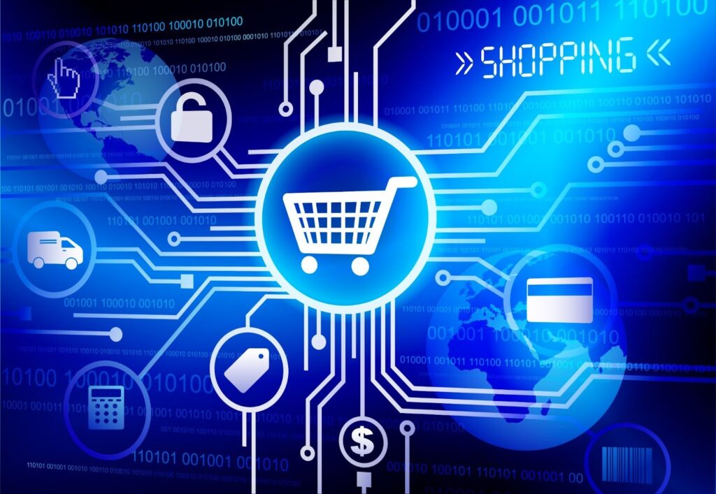 A high-tech blue digital graphic featuring a central shopping cart icon connected by circuit lines to icons for shipping, security, pricing, and payments, representing generative AI in eCommerce.