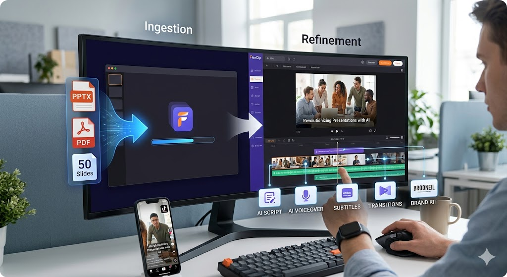 Revolutionizing Presentations: A Review of FlexClip AI PPT to Video 2 Infographic of FlexClip AI PPT to Video workflow showing a PowerPoint deck being converted into an editable video timeline with AI voiceover, automated subtitles, and brand kit refinement.