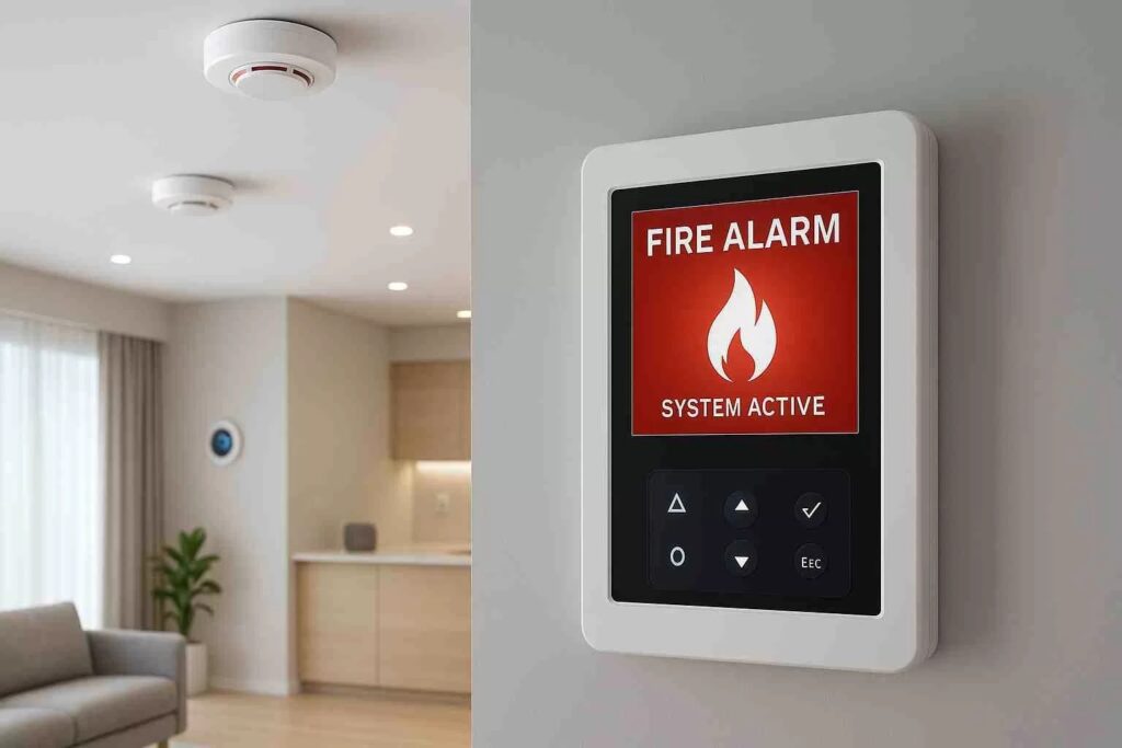 A wall-mounted smart residential fire safety system control panel showing a "Fire Alarm System Active" alert, with modern smoke detectors installed on the ceiling of a well-lit home interior.