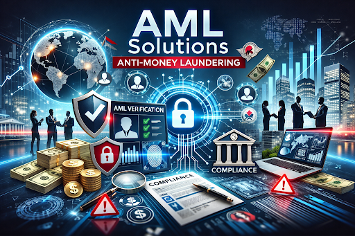 Why Crypto Exchanges Need Advanced AML Solutions More Than Ever 1 A high-tech digital infographic illustrating Smart AML Systems for crypto exchanges, featuring a global network, secure padlocks, digital verification profiles, and real-time compliance monitoring tools over a modern city skyline.