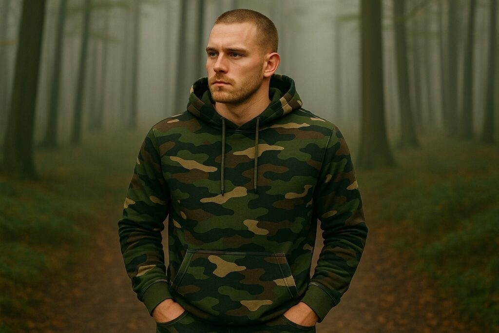 A man wearing a camouflage hoodie made of game technical apparel standing in a foggy forest, representing durable and climate-adaptive performance gear for outdoor activities.