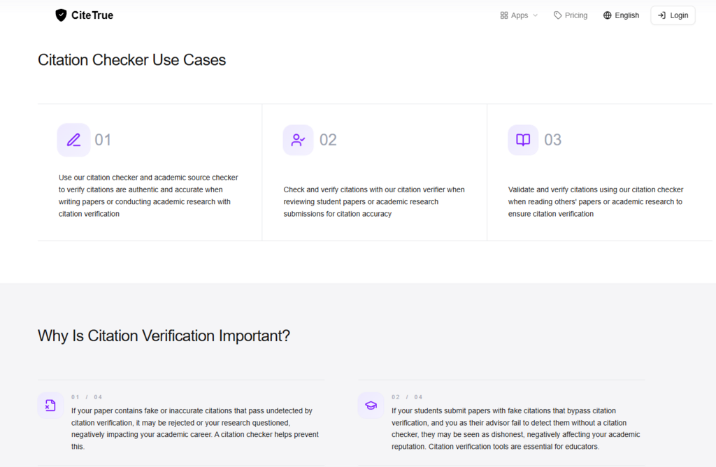 Catch Dead References Before Peer Review Starts 1 A screenshot of the CiteTrue web page outlining key citation checker use cases for students, educators, and researchers, along with reasons why citation verification is important.