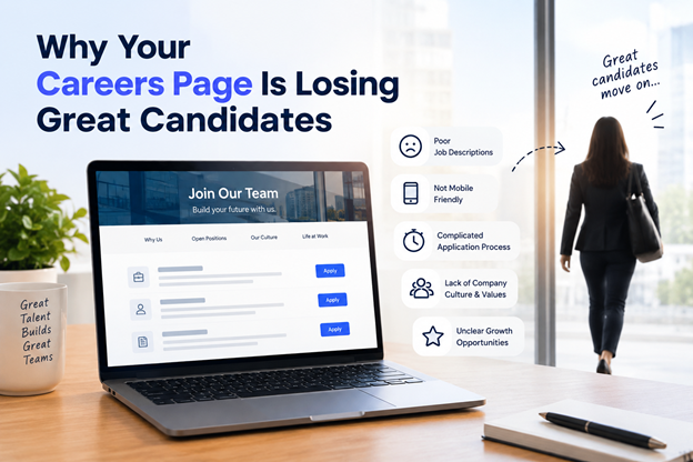 Why Your Careers Page Is Losing Great Candidates 1 A laptop displaying a corporate careers page on a desk next to an infographic listing common hiring mistakes, while a job applicant walks away in the background.