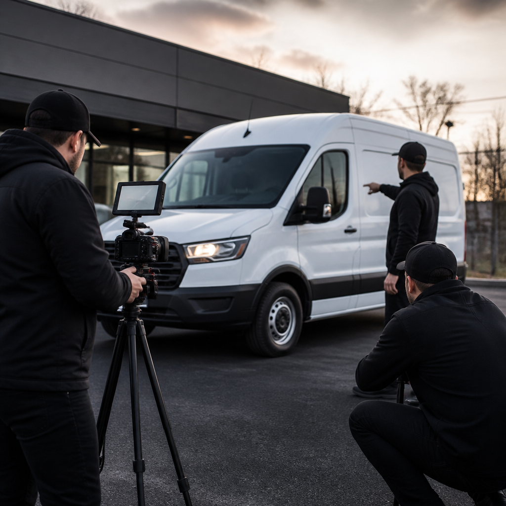 Why Strategic Fleet Branding Elevates Mobile Content Marketing and Brand Authority 1 A production crew filming a white commercial cargo van on location with a camera on a tripod and crew members directing a shot.