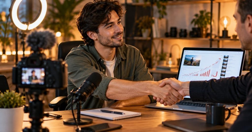 Thinking About Selling Your YouTube Channel? How to Price It and Hand It Over Safely 1 Two content creators shaking hands in a studio setting next to a laptop displaying analytics charts and video editing equipment.