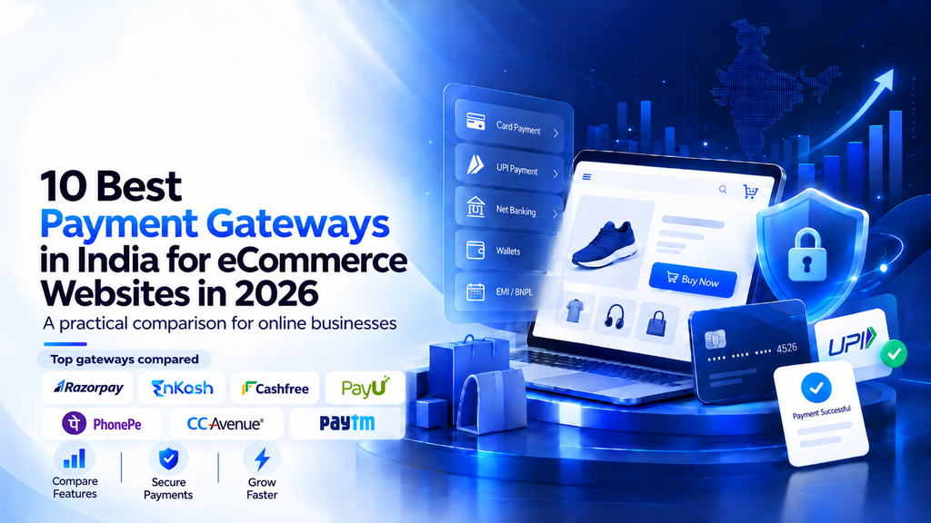 Promotional graphic displaying the top 10 payment gateways in India for eCommerce websites in 2026, featuring a laptop, credit card, and digital payment options.