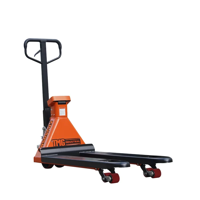 Eliminating Aisle Constraints: A Strategic Approach to Pallet Jack Truck Logistics 1 An orange and black industrial pallet jack equipped with a built-in scale display on a white background.
