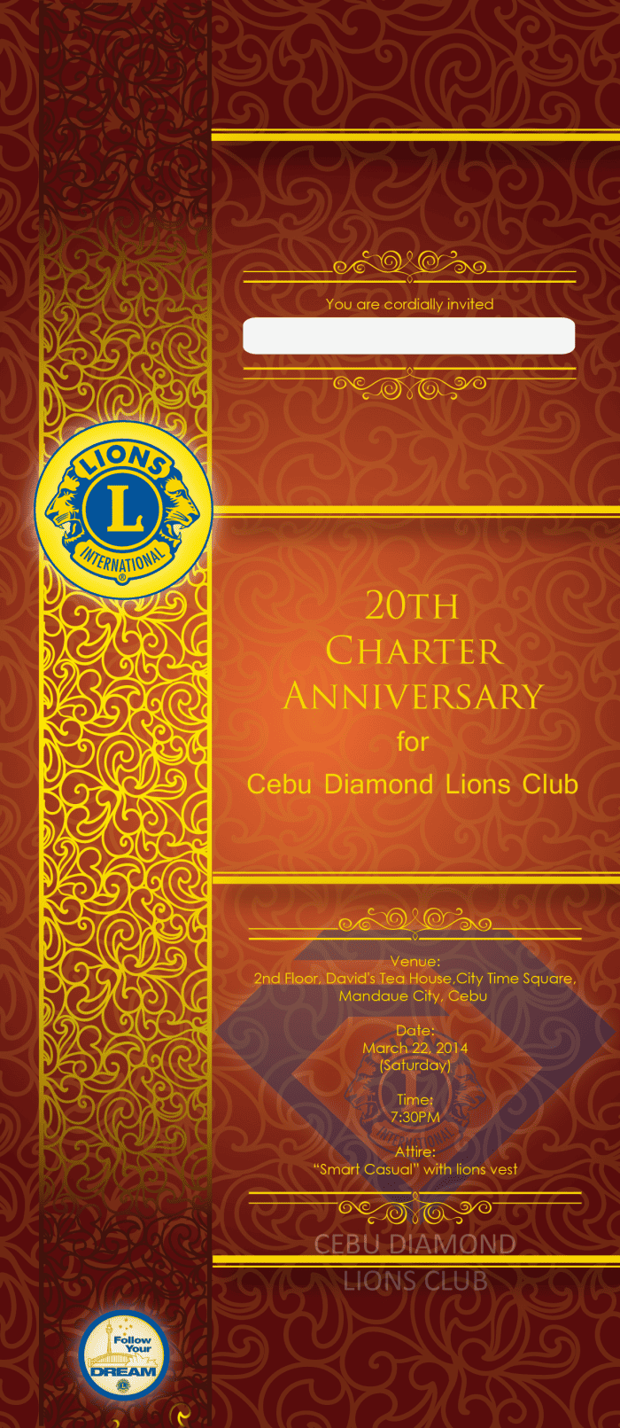 20th Charter Anniversary Cebu Diamonds Lions Club Invitation Card