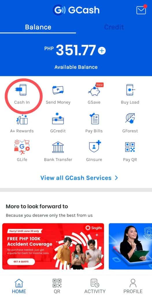 gcash menu- cash in