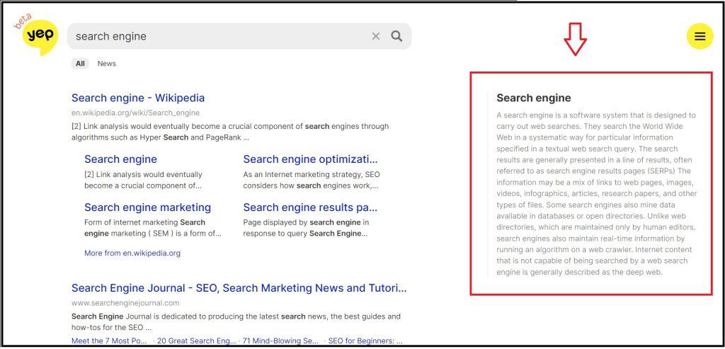 Yep: A Promising Content Creator-Friendly Search Engine 3 yep knowledge box