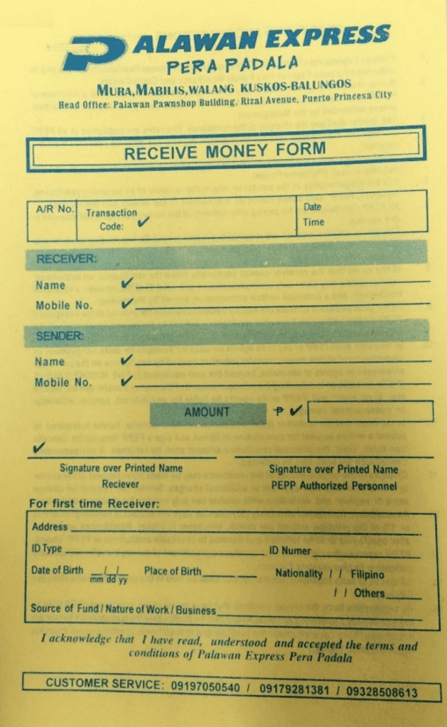 Palawan Express receive money form