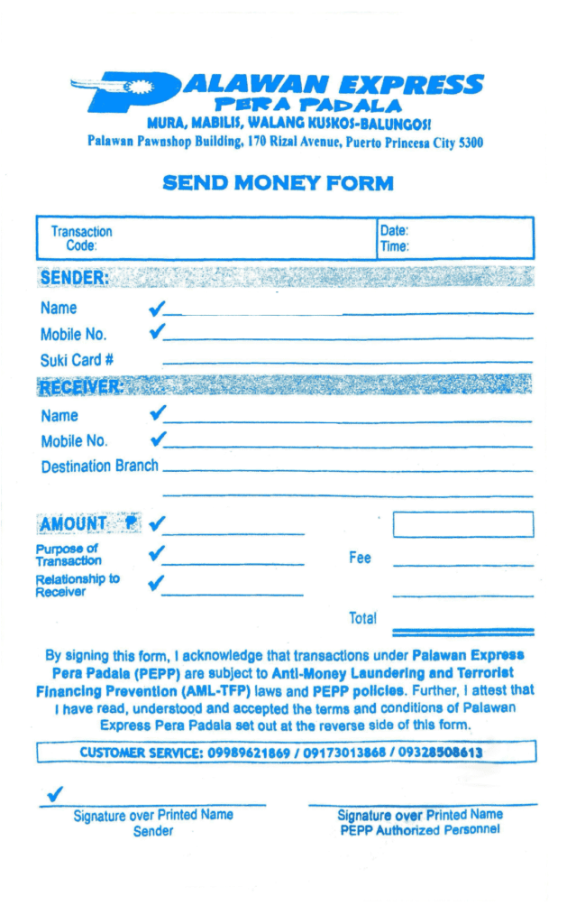 Palawan Express send money form