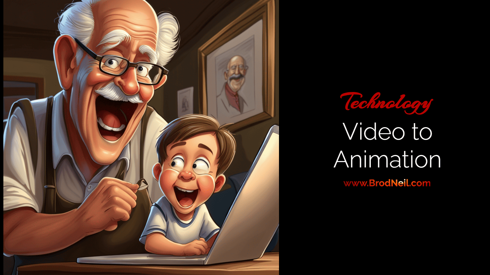 This is a featured image for the Video to Animation post - grandpa working on laptop with grandson