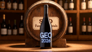 Same wine inside the barrel and bottle to depict same fundamentals for SEO and GEO