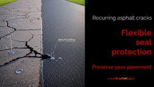 A detailed 3D image comparing rigid crack filling on asphalt with flexible, water-resistant crack sealing protection