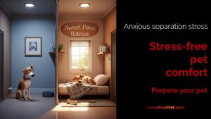 A detailed 3D image contrasting an anxious dog in an unfamiliar room with a relaxed dog enjoying a cozy, home-like environment with familiar comforts at a boarding facility