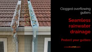 A detailed 3D image comparing a clogged, overflowing open gutter with a clean gutter guard system efficiently shedding debris and directing rainwater.