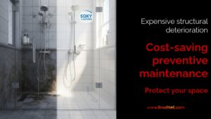 A detailed 3D image contrasting a humid, mold-stained apartment bathroom with a pristine, perfectly maintained bathroom cleaned by SQKY Cleaning.