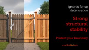 A detailed 3D image contrasting a weathered, leaning wooden fence with a professionally repaired, stable, and attractive fence structure